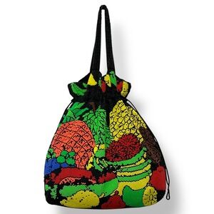 Vtg Artisan Beaded Tropical Fruit Drawstring Bag Women Medium Colorful Statement